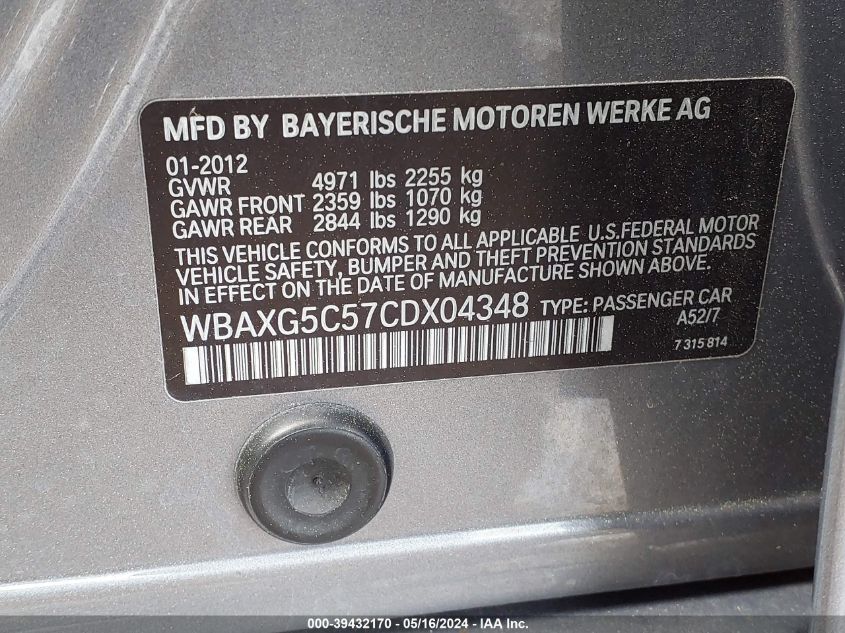 2012 BMW 528I VIN: WBAXG5C57CDX04348 Lot: 39432170