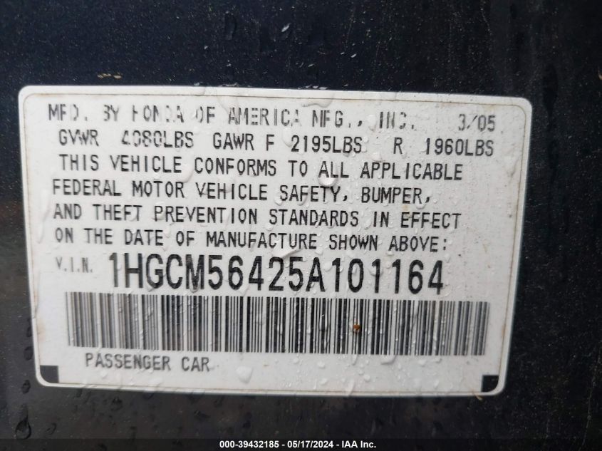 2005 Honda Accord 2.4 Lx VIN: 1HGCM56425A101164 Lot: 39432185