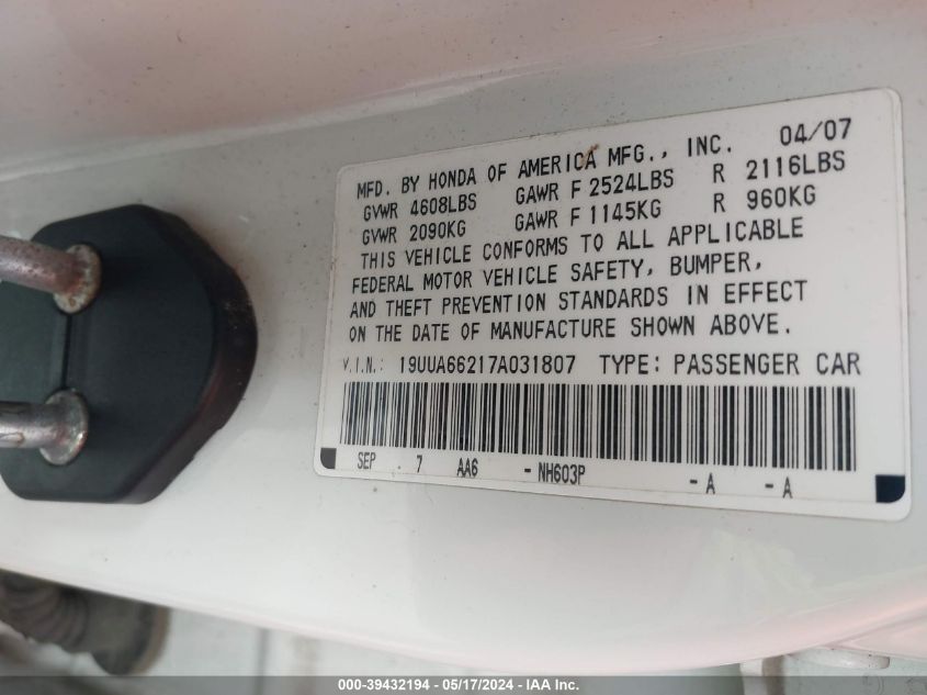 2007 Acura Tl VIN: 19UUA66217A031807 Lot: 39432194