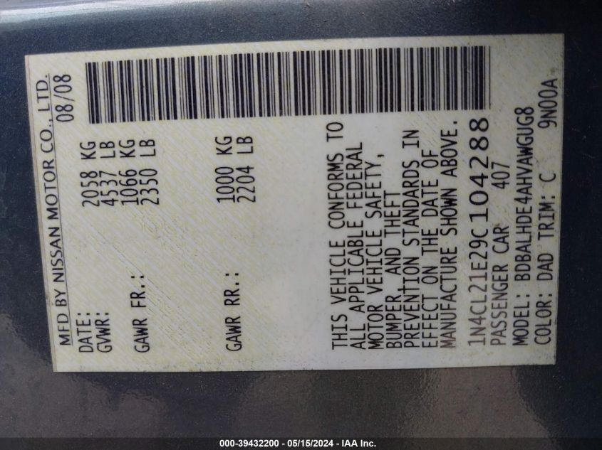 2009 Nissan Altima Hybrid VIN: 1N4CL21E29C104288 Lot: 39432200