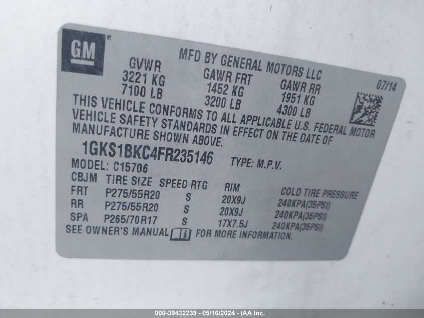 2015 GMC YUKON SLT - 1GKS1BKC4FR235146