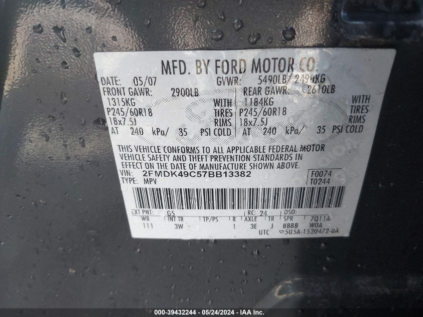 2007 Ford Edge Sel Plus VIN: 2FMDK49C57BB13382 Lot: 39432244