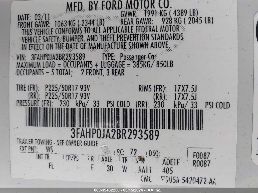 2011 Ford Fusion Sel VIN: 3FAHP0JA2BR293589 Lot: 39432250