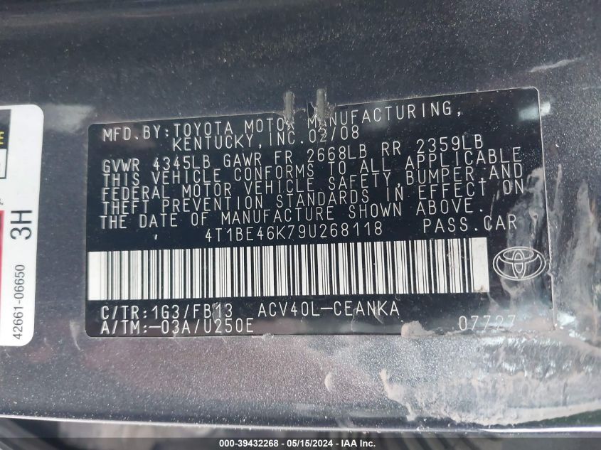 2009 Toyota Camry Le VIN: 4T1BE46K79U268118 Lot: 39432268