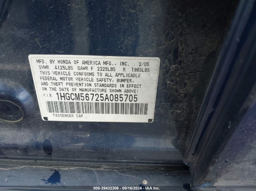 2005 Honda Accord 2.4 Ex VIN: 1HGCM56725A085705 Lot: 39432306