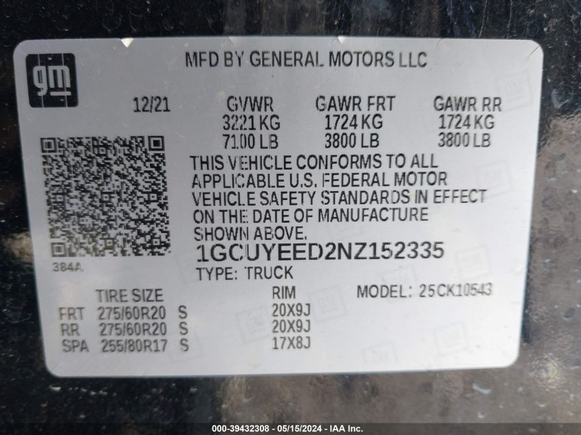 2022 Chevrolet Silverado 1500 Ltd 4Wd Short Bed Rst VIN: 1GCUYEED2NZ152335 Lot: 39432308