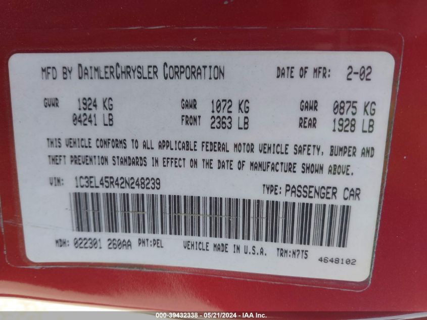 2002 Chrysler Sebring Lx VIN: 1C3EL45R42N248239 Lot: 39432338