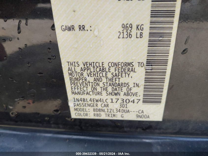 2020 Nissan Altima Sl Intelligent Awd VIN: 1N4BL4EW4LC173047 Lot: 39432339