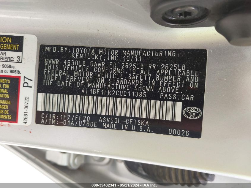 2012 Toyota Camry Se VIN: 4T1BF1FK2CU011385 Lot: 39432341