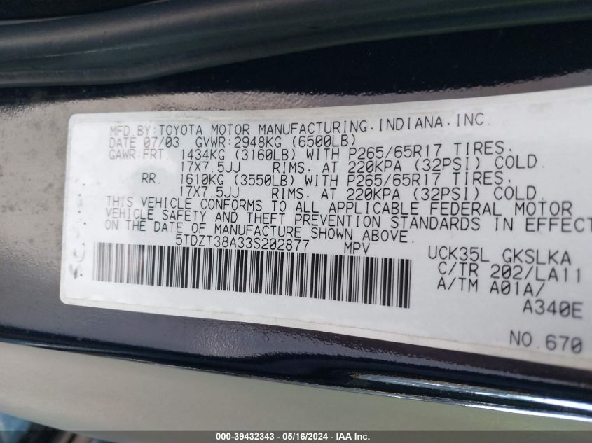 2003 Toyota Sequoia Limited V8 VIN: 5TDZT38A33S202877 Lot: 39432343