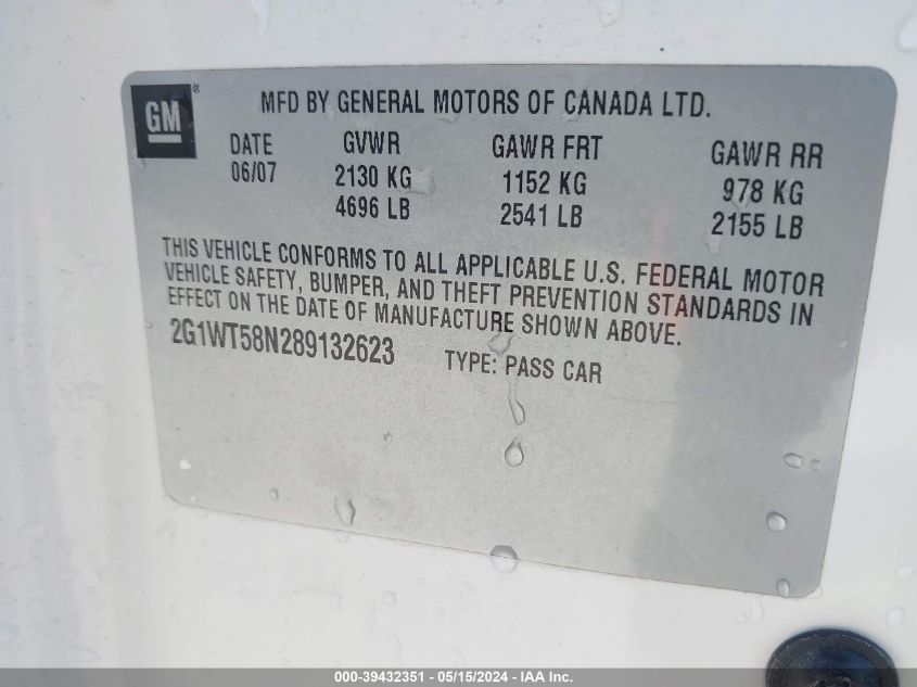 2008 Chevrolet Impala Lt VIN: 2G1WT58N289132623 Lot: 39432351