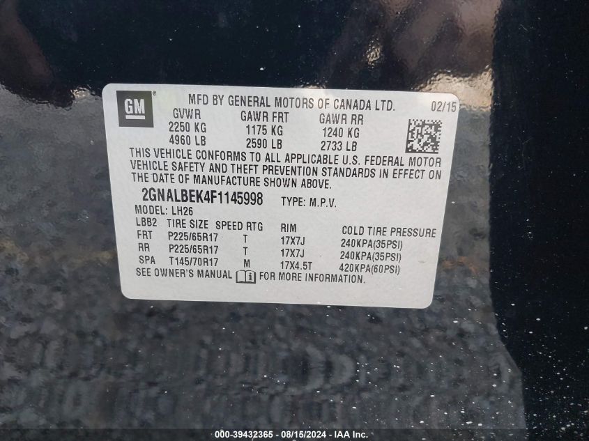 2015 Chevrolet Equinox 1Lt VIN: 2GNALBEK4F1145998 Lot: 39432365