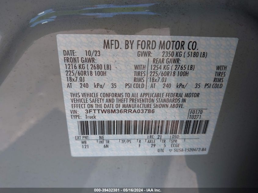 2024 Ford Maverick Lariat VIN: 3FTTW8M36RRA03786 Lot: 39432381