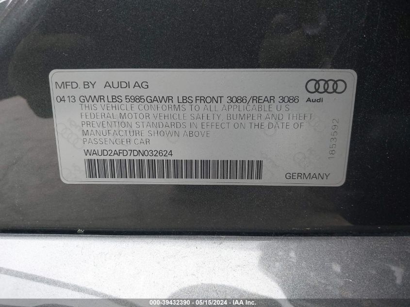 2013 Audi S8 4.0T VIN: WAUD2AFD7DN032624 Lot: 39432390