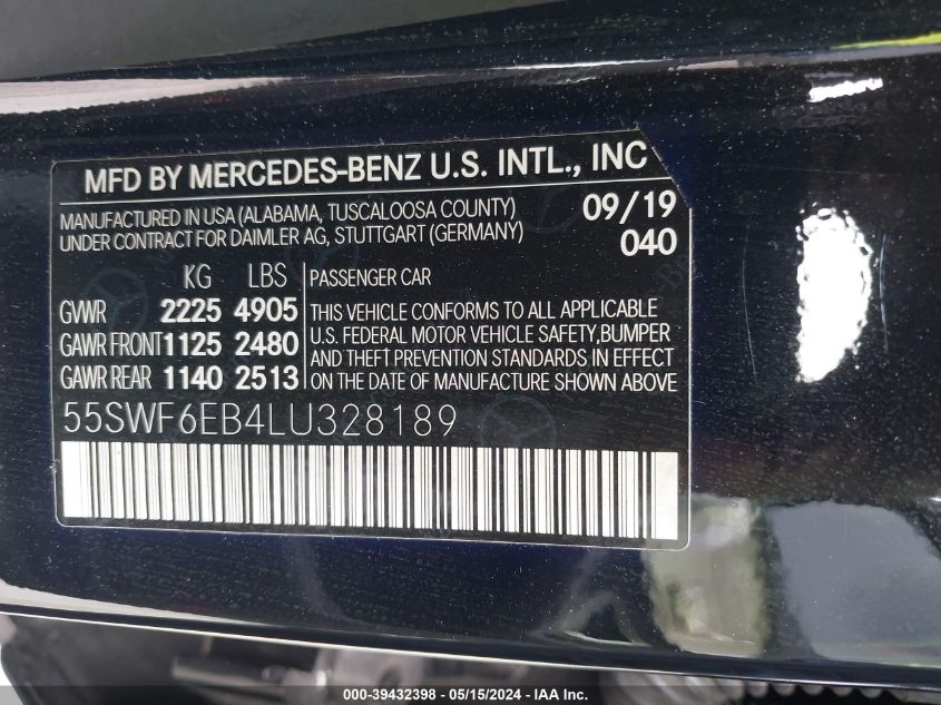 2020 Mercedes-Benz Amg C 43 4Matic VIN: 55SWF6EB4LU328189 Lot: 39432398