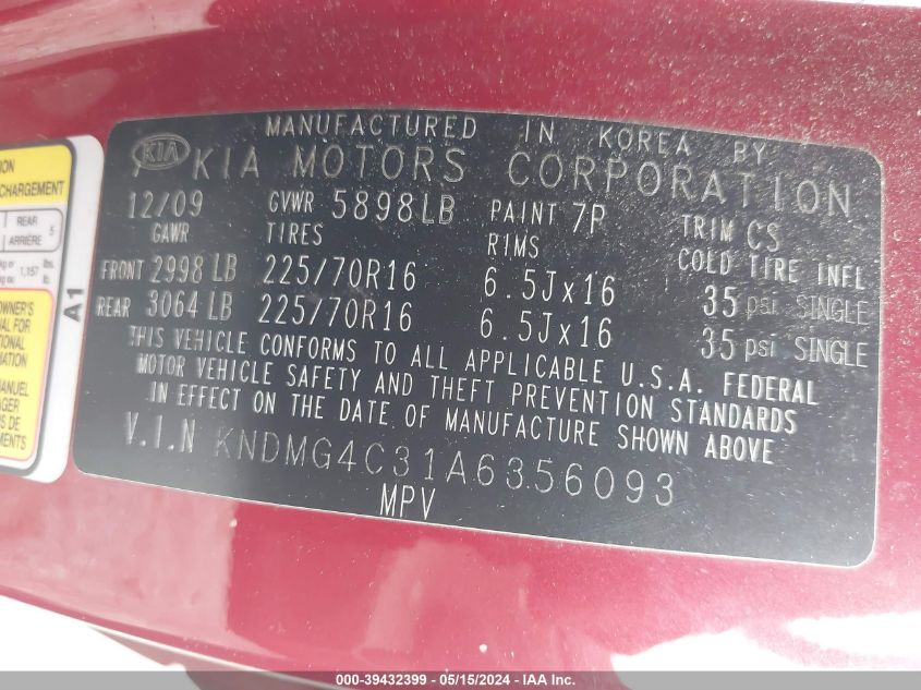 2010 Kia Sedona Lx VIN: KNDMG4C31A6356093 Lot: 39432399