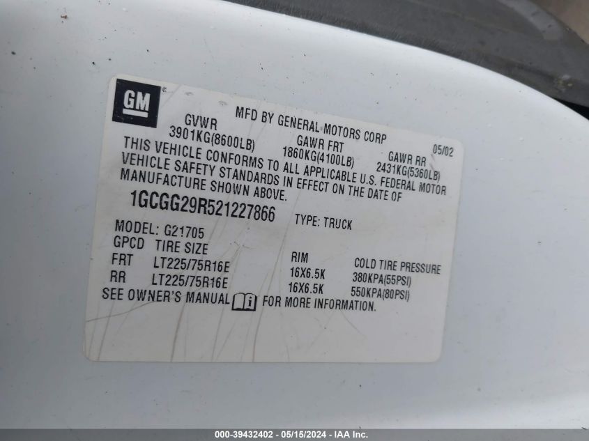 2002 Chevrolet Express VIN: 1GCGG29R521227866 Lot: 39432402