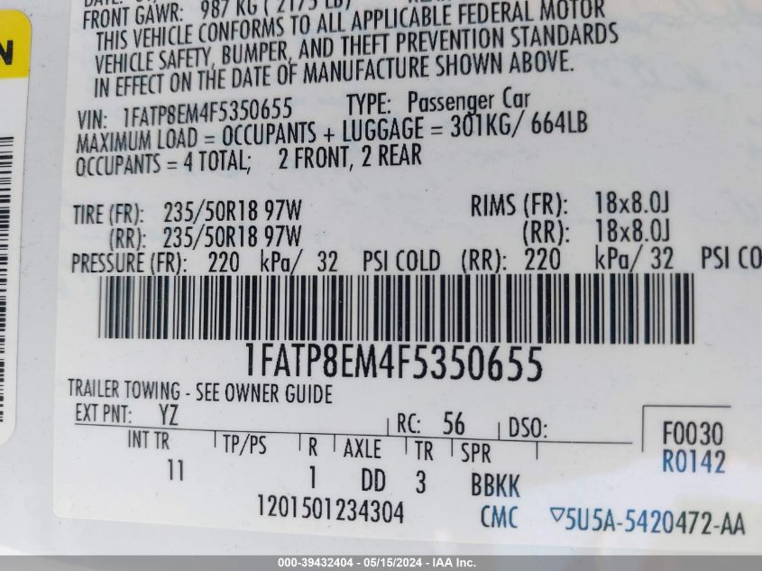 2015 Ford Mustang V6 VIN: 1FATP8EM4F5350655 Lot: 39432404