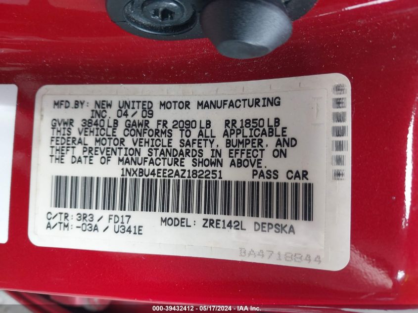 2010 Toyota Corolla S VIN: 1NXBU4EE2AZ182251 Lot: 39432412