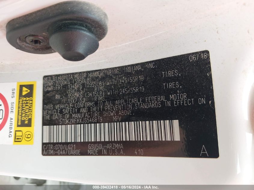 2018 Toyota Highlander Se VIN: 5TDKZRFHXJS546819 Lot: 39432418