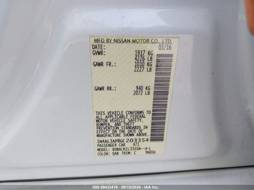 2016 Nissan Altima 2.5 Sl VIN: 1N4AL3AP8GC203354 Lot: 39432419