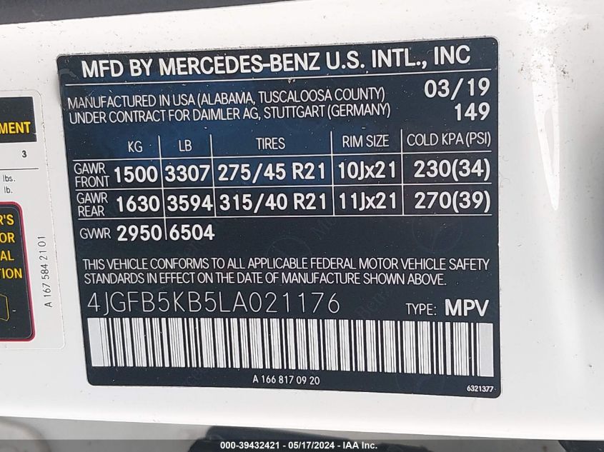2020 Mercedes-Benz Gle 450 4Matic VIN: 4JGFB5KB5LA021176 Lot: 39432421