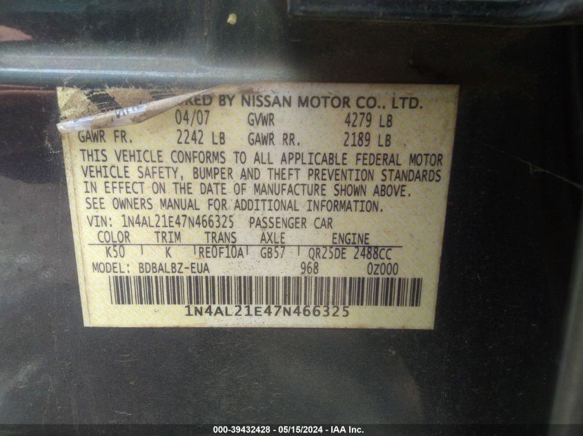 2007 Nissan Altima 2.5 S VIN: 1N4AL21E47N466325 Lot: 39432428