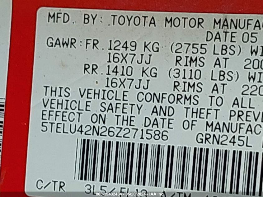 2006 Toyota Tacoma Base V6 VIN: 5TELU42N26Z271586 Lot: 39432434