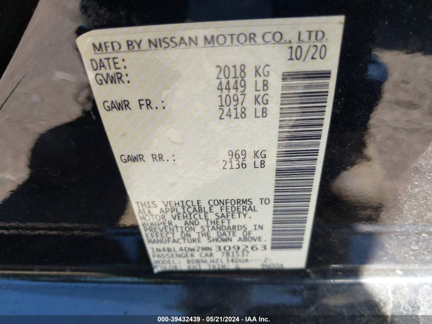 2021 Nissan Altima Sv Intelligent Awd VIN: 1N4BL4DW2MN309263 Lot: 39432439