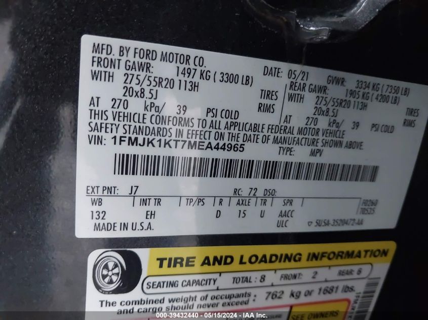 2021 Ford Expedition Limited Max VIN: 1FMJK1KT7MEA44965 Lot: 39432440