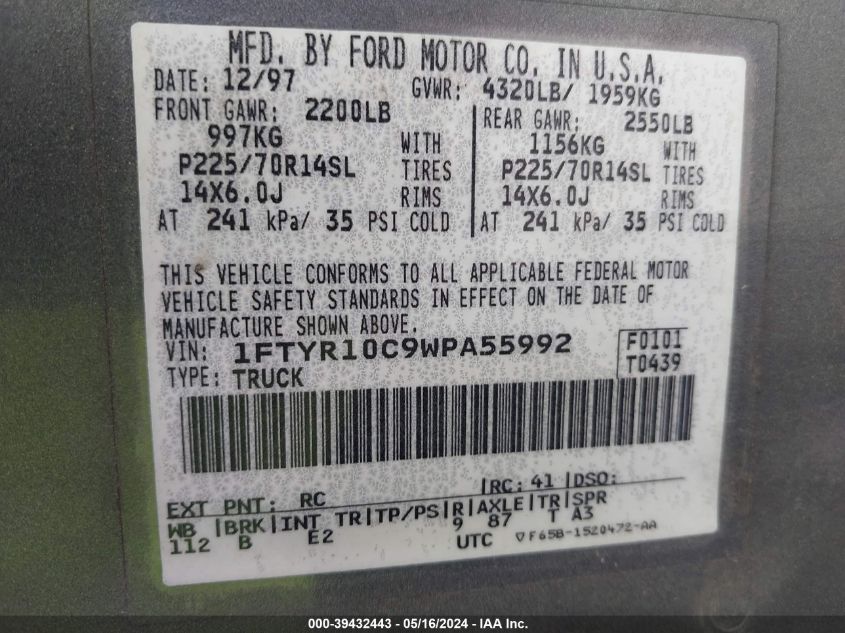 1998 Ford Ranger VIN: 1FTYR10C9WPA55992 Lot: 39432443