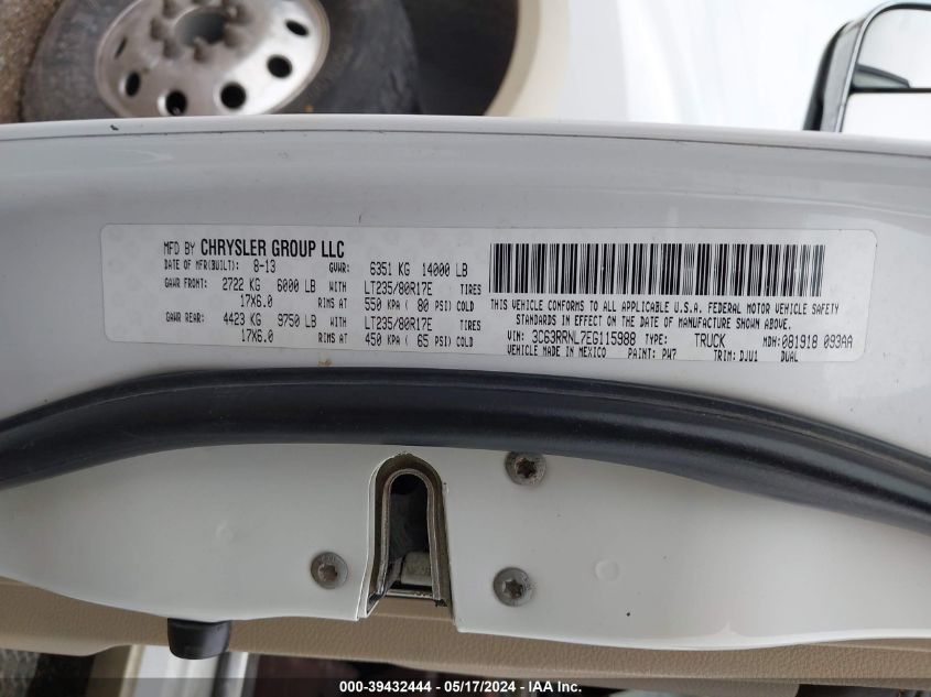 2014 Ram 3500 Longhorn VIN: 3C63RRNL7EG115988 Lot: 39432444