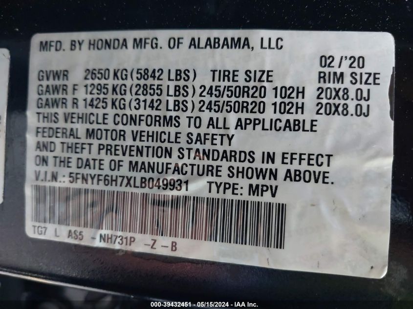 2020 Honda Pilot Awd Black Edition VIN: 5FNYF6H7XLB049931 Lot: 39432451