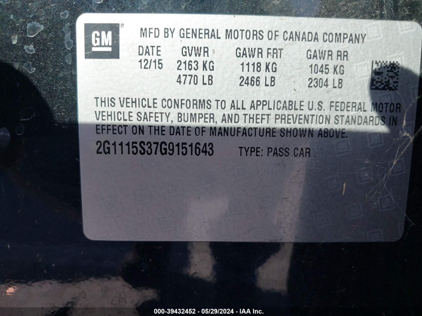2016 Chevrolet Impala 2Lt VIN: 2G1115S37G9151643 Lot: 39432452