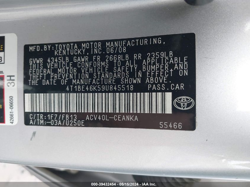 2009 Toyota Camry Le VIN: 4T1BE46K59U845518 Lot: 39432454