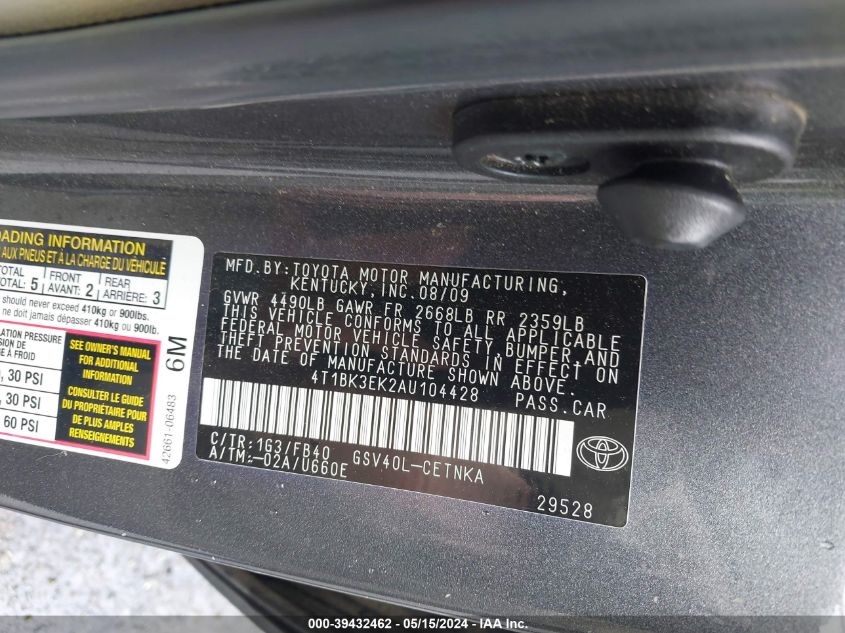 2010 Toyota Camry Le V6 VIN: 4T1BK3EK2AU104428 Lot: 39432462