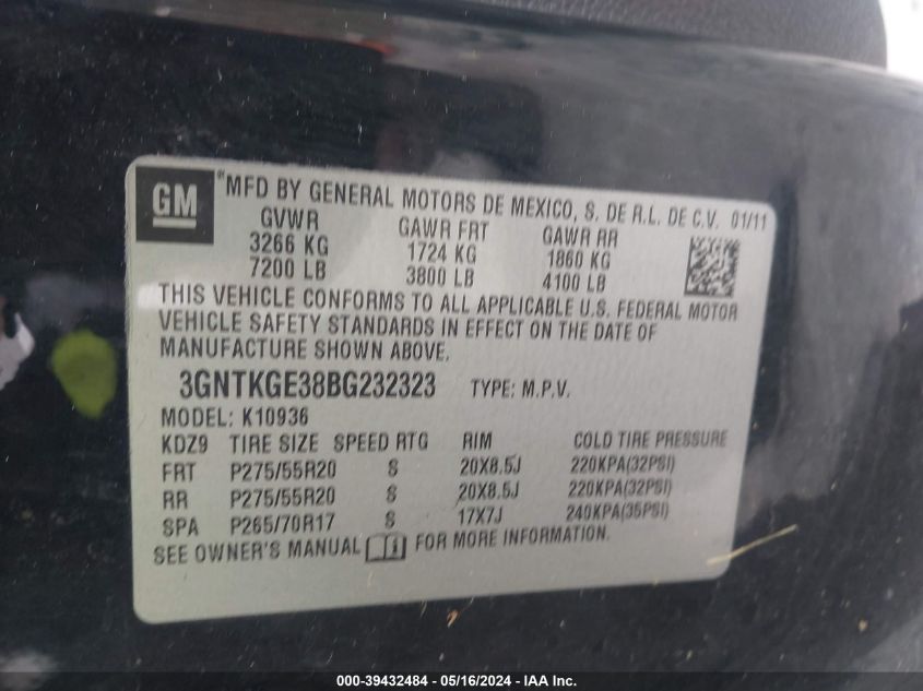 2011 Chevrolet Avalanche 1500 Ltz VIN: 3GNTKGE38BG232323 Lot: 39432484