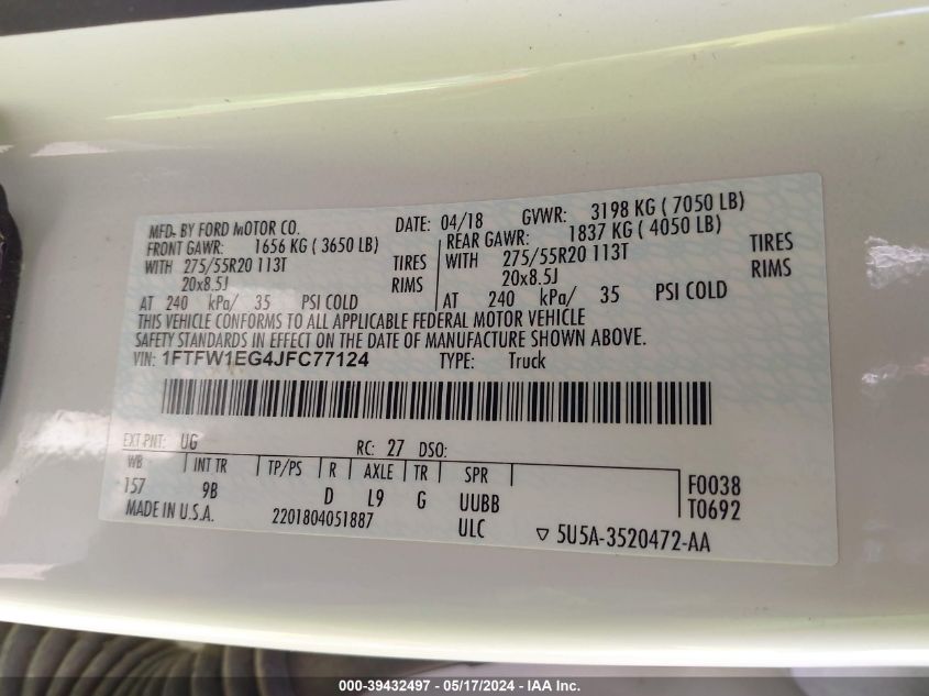 2018 Ford F-150 Platinum VIN: 1FTFW1EG4JFC77124 Lot: 39432497