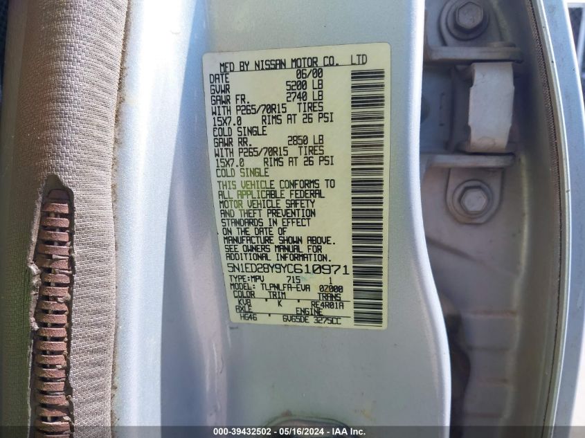 2000 Nissan Xterra Se/Xe VIN: 5N1ED28Y9YC610971 Lot: 39432502