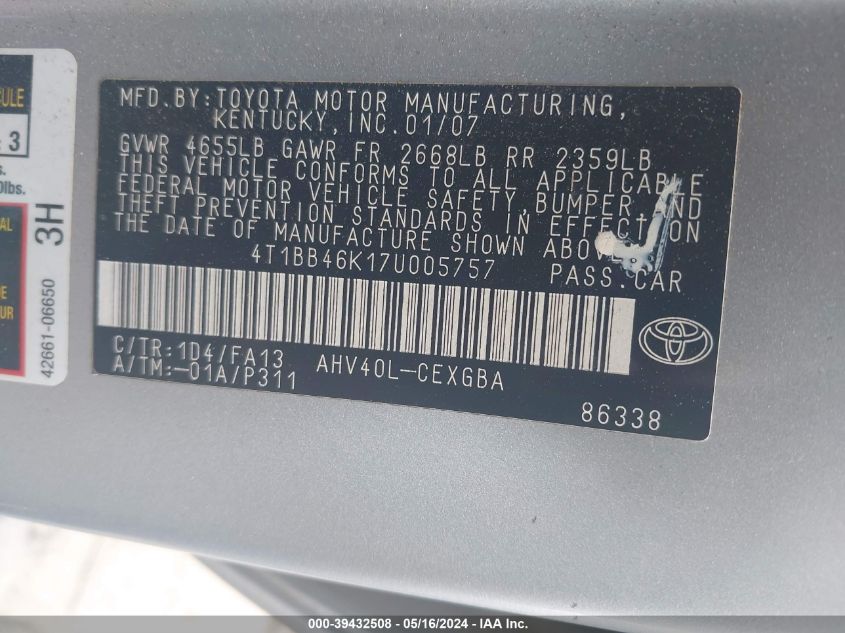 2007 Toyota Camry Hybrid VIN: 4T1BB46K17U005757 Lot: 39432508