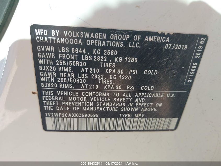 2019 Volkswagen Atlas Se VIN: 1V2WP2CAXKC590598 Lot: 39432514
