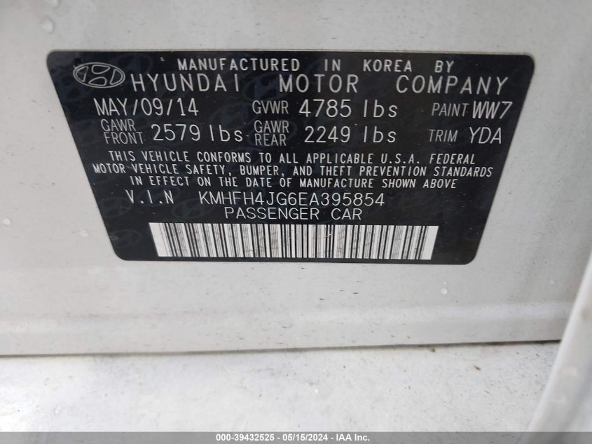 KMHFH4JG6EA395854 2014 Hyundai Azera Limited