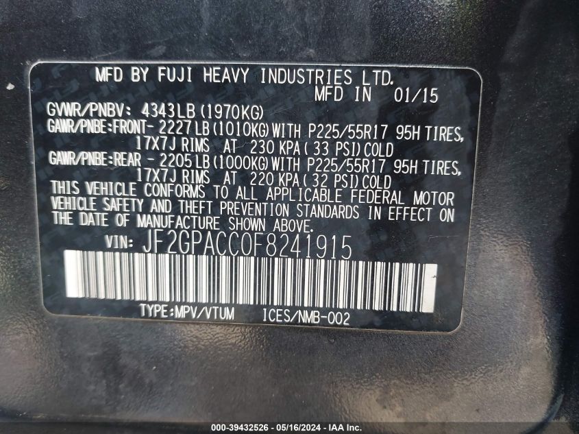 2015 SUBARU XV CROSSTREK 2.0I PREMIUM - JF2GPACC0F8241915