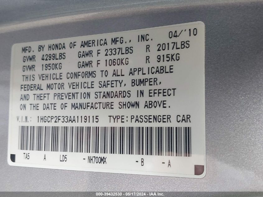 2010 Honda Accord Lx VIN: 1HGCP2F33AA119115 Lot: 39432530
