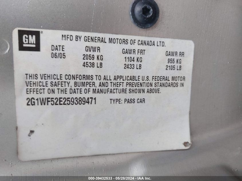 2005 Chevrolet Impala VIN: 2G1WF52E259389471 Lot: 39432533