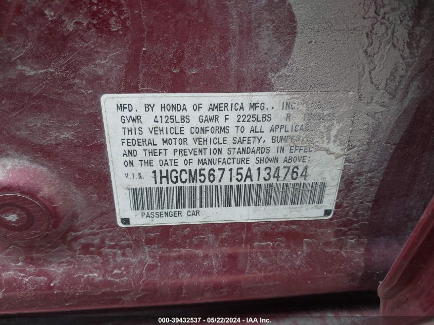 2005 Honda Accord 2.4 Ex VIN: 1HGCM56715A134764 Lot: 39432537