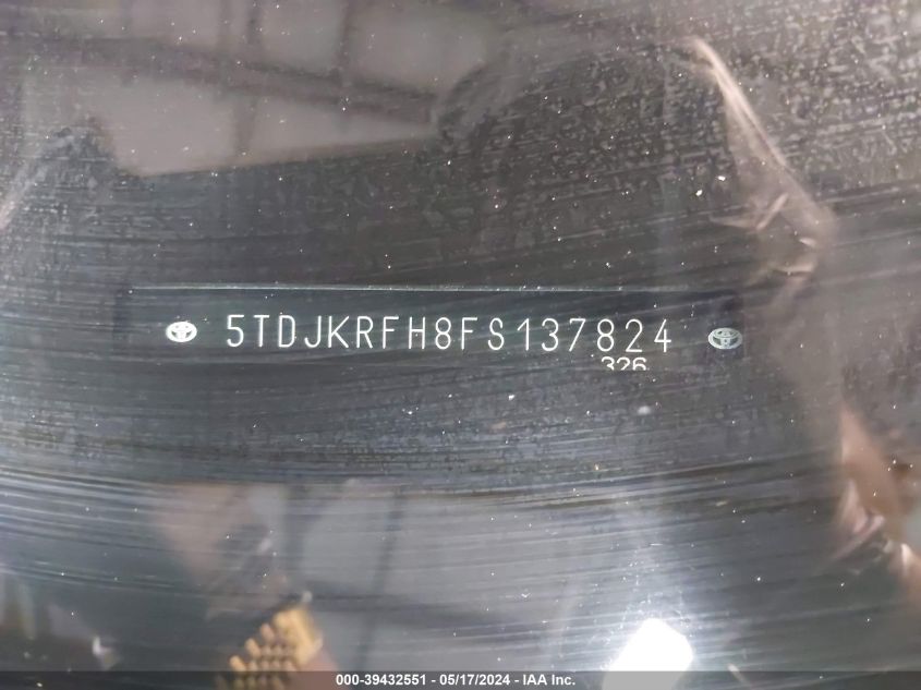 2015 Toyota Highlander Xle V6 VIN: 5TDJKRFH8FS137824 Lot: 39432551
