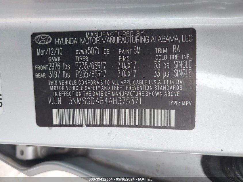 2010 Hyundai Santa Fe Gls VIN: 5NMSGDAB4AH375371 Lot: 39432554