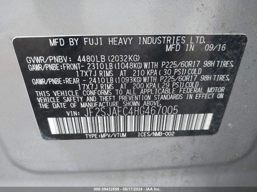 2017 Subaru Forester 2.5I Premium VIN: JF2SJAEC4HG467005 Lot: 39432559