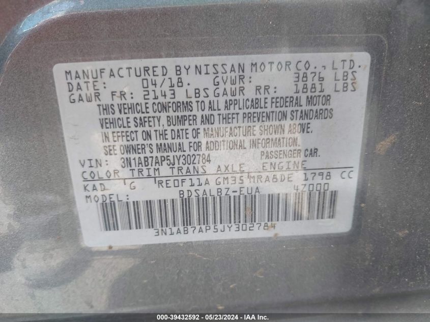 2018 Nissan Sentra S VIN: 3N1AB7AP5JY302784 Lot: 39432592